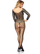 Classic bodystocking, small fishnet, lacing, open crotch